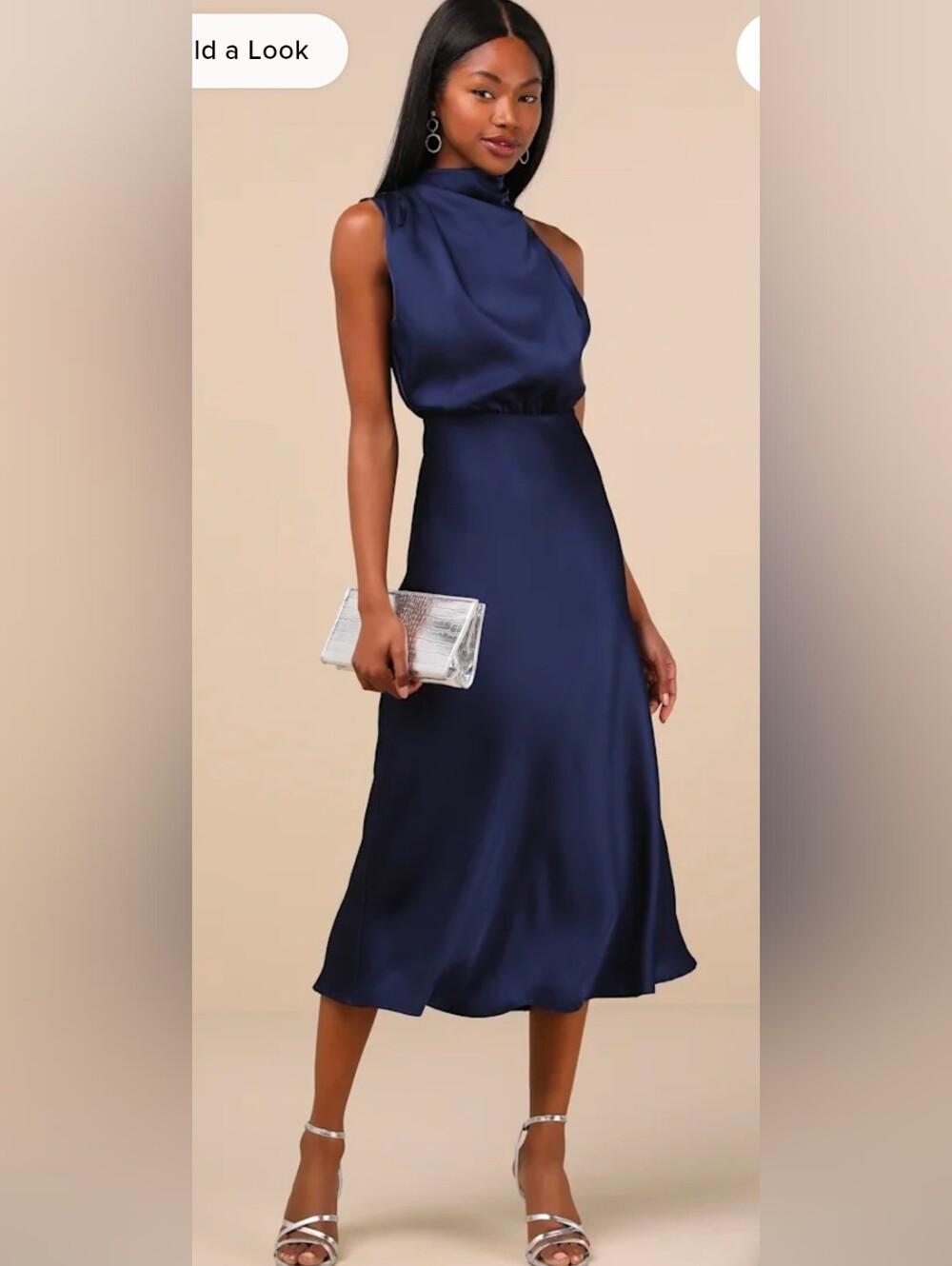 Lulu's Navy Satin High-Neck Midi Dress